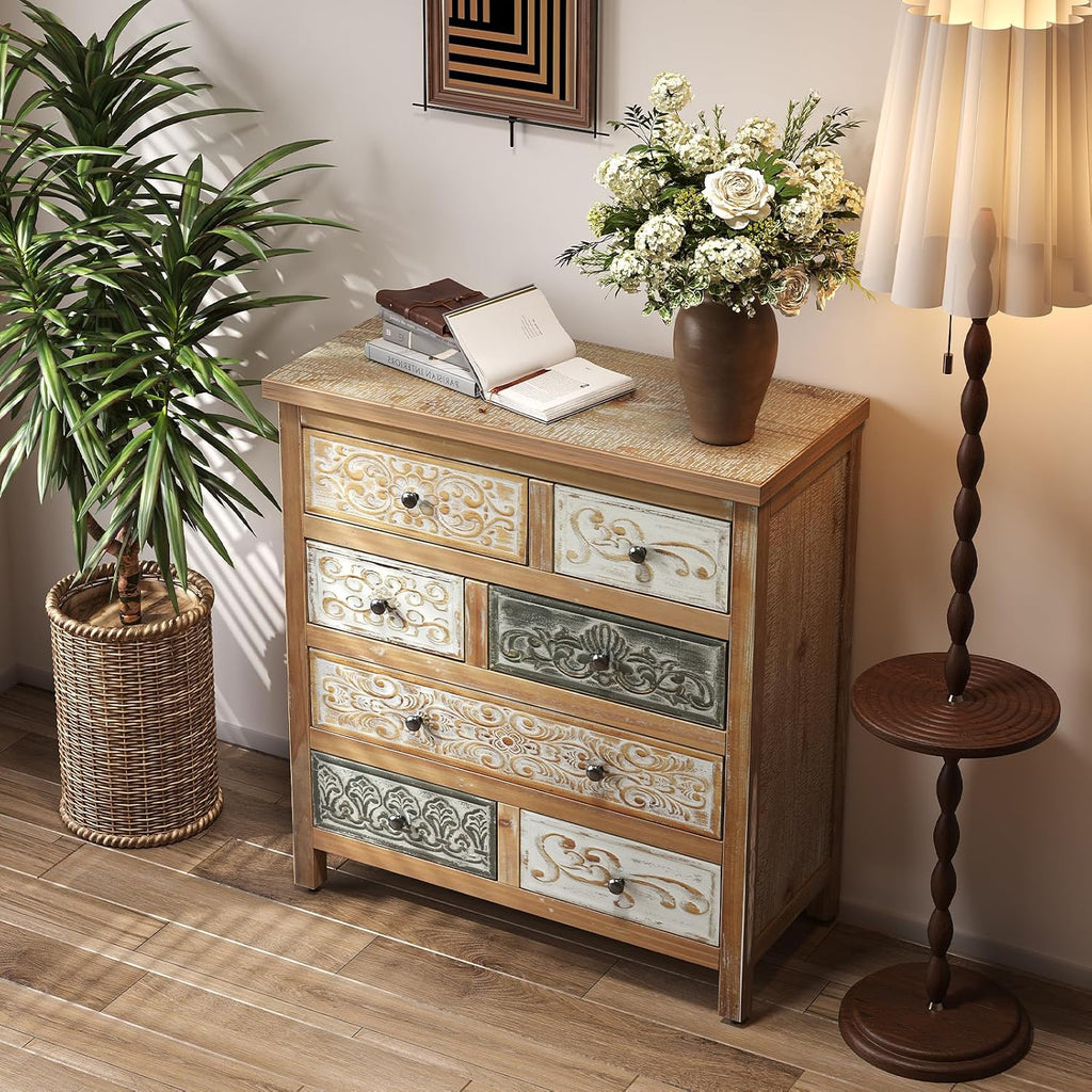 26" Vintage Freestanding Storage Chest, Accent Cabinets with Carved Details, Utility Organizer with Multi Drawers