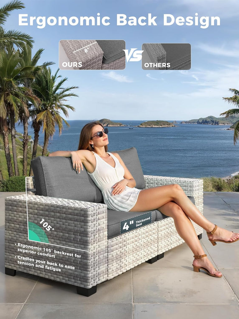 6 Piece Outdoor Sectional Sofa Set, 5-Seats Wicker Patio Furniture Set with 4" Thickened Cushions & Coffee Table