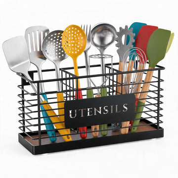 Utensil Holder Counter Large Black Metal Cooking Utensil Organizer 3 Compartments for Countertop Kitchen Tool Spatula