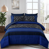 Luxudecor Blue Comforter Set King, 7 Pieces Stripe Geometric Bed in a Bag, Geometric Comforter and Sheet Set