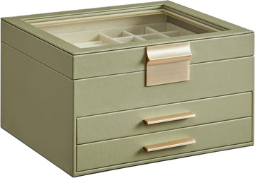 Jewelry Box Organizer, 3-Layer Storage with 2 Drawers, Glass Lid