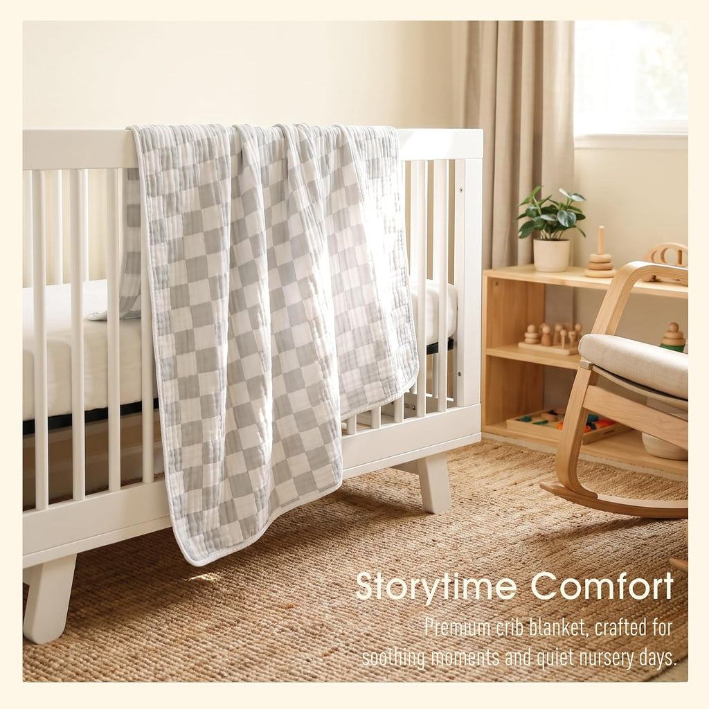 Muslin Baby Blanket Organic Cotton Blend Jacquard (Grey Check,43")