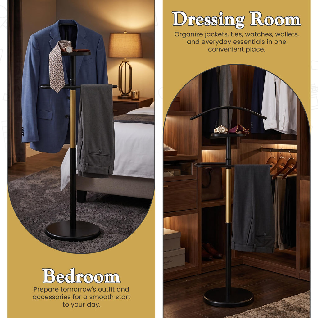 Luca Valet Stand - Metal Freestanding Suit Rack and Clothes Organizer with Clothing Bar, Trouser/Tie Holder &