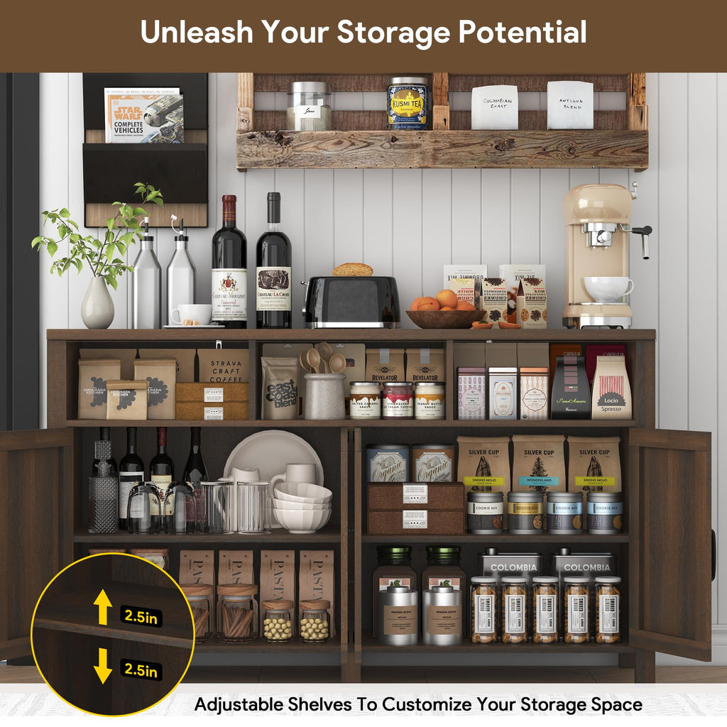 Buffet Sideboard with Storage Farmhouse, Large Kitchen Storage Cabinet Wood Coffee Bar Cabine Buffet, 55in, Brown