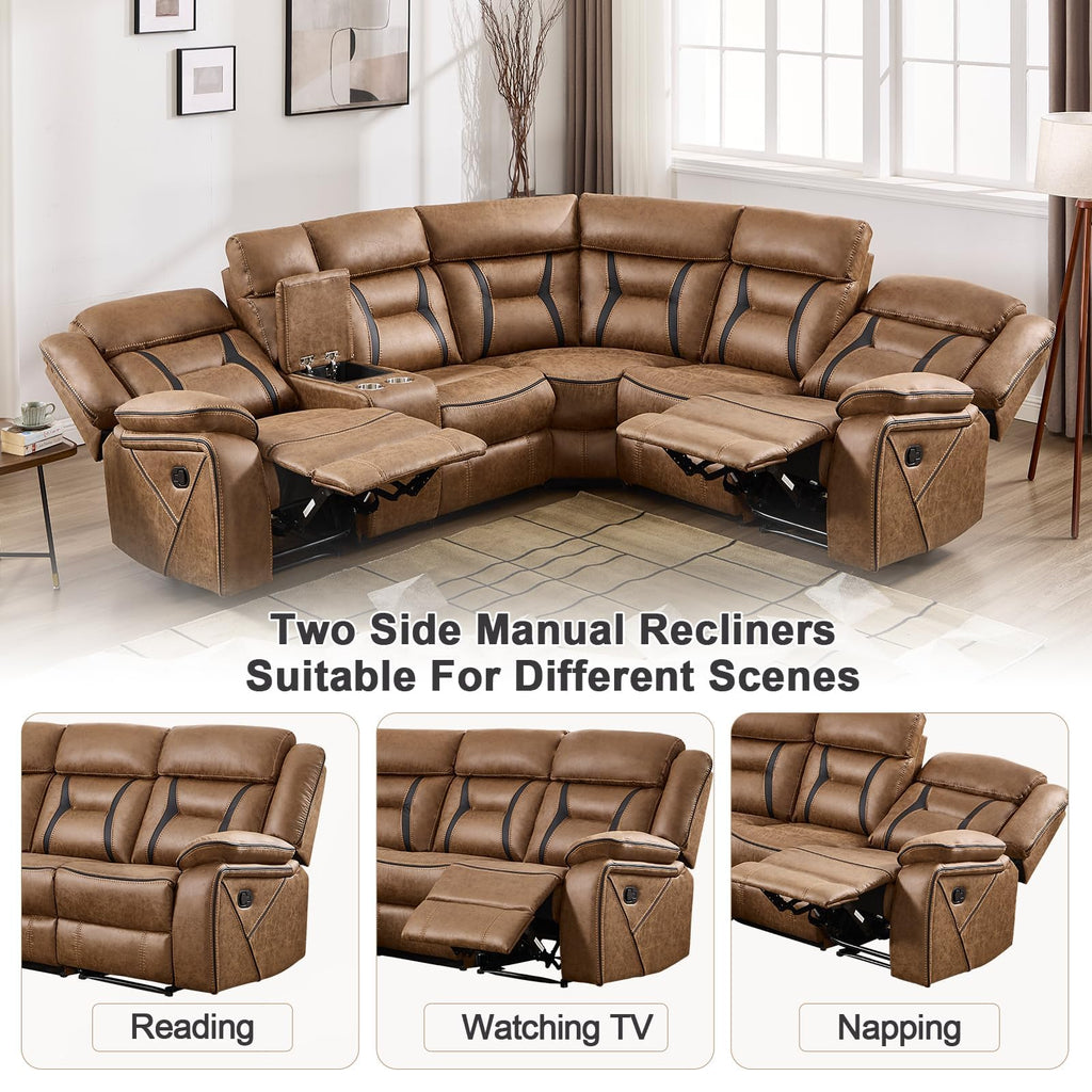 Faux Leather Reclining Sectional Couch, L-Shaped Sectional Corner Manual Recliner Sofa Home Furniture Set with