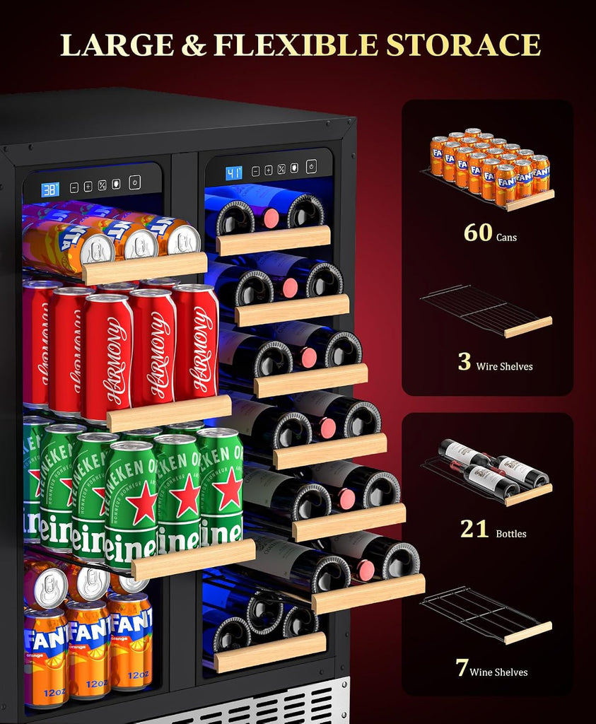 60 Cans 24" Dual Zone Wine & Beverage Refrigerator - Under Counter Cooler with Upgraded Cooling & Blue LED Light