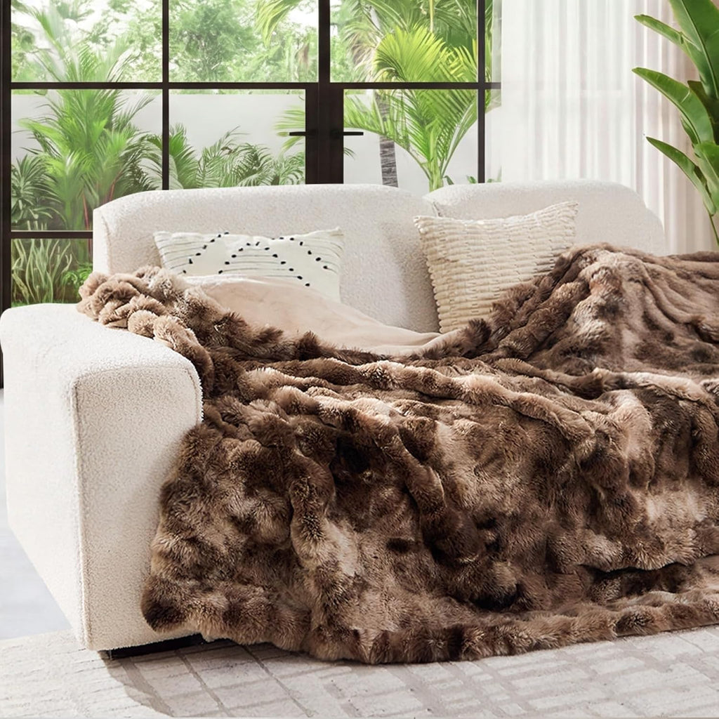 Faux Fur Throw Blanket Tie-Dye Dark Coffee - Big Bubble Rabbit Fluff Blanket for Couch, Large Fluffy Fuzzy Cozy