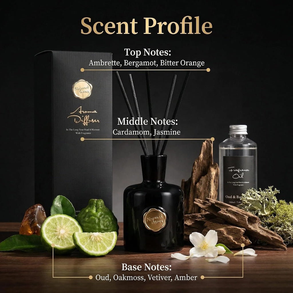 Oud & Bergamot Reed Diffuser, Long Lasting Essential Oil Fragrance - Set of 7