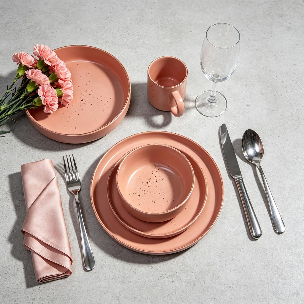 20-Piece Dinnerware Set - Serves 4, Matte Rose Glaze plates and bowls sets with Speckle Effect for Microwave &