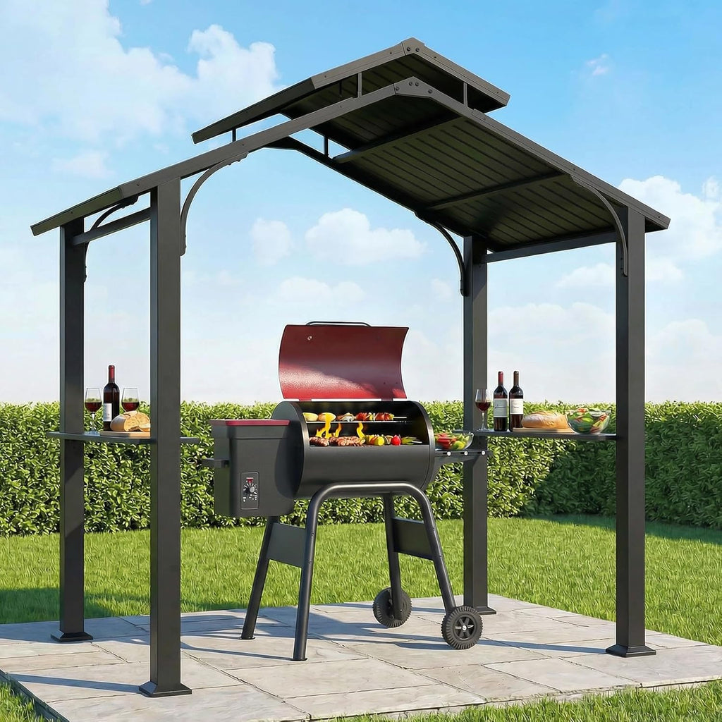 8’x5’ Grill Gazebo, Outdoor BBQ Hardtop Gazebo with Galvanized Steel Double Roof