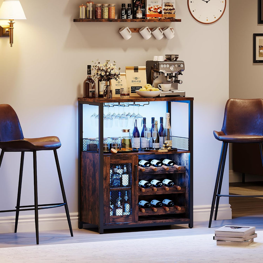 Wine Bar Cabinet with LED Lights, Liquor Cabinet with Storage | 3-Tier Coffee Bar Cabinet with Wine Rack, Glass