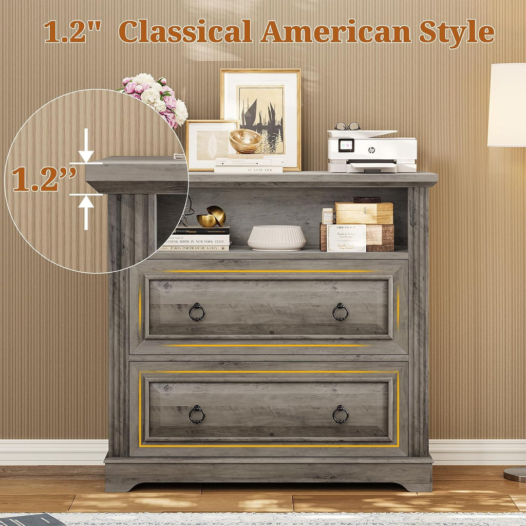 2 Drawer File Cabinet, Farmhouse Filing Cabinet Fits Letter, Legal, A4 Size, Wood Lateral File Cabinet with Printer