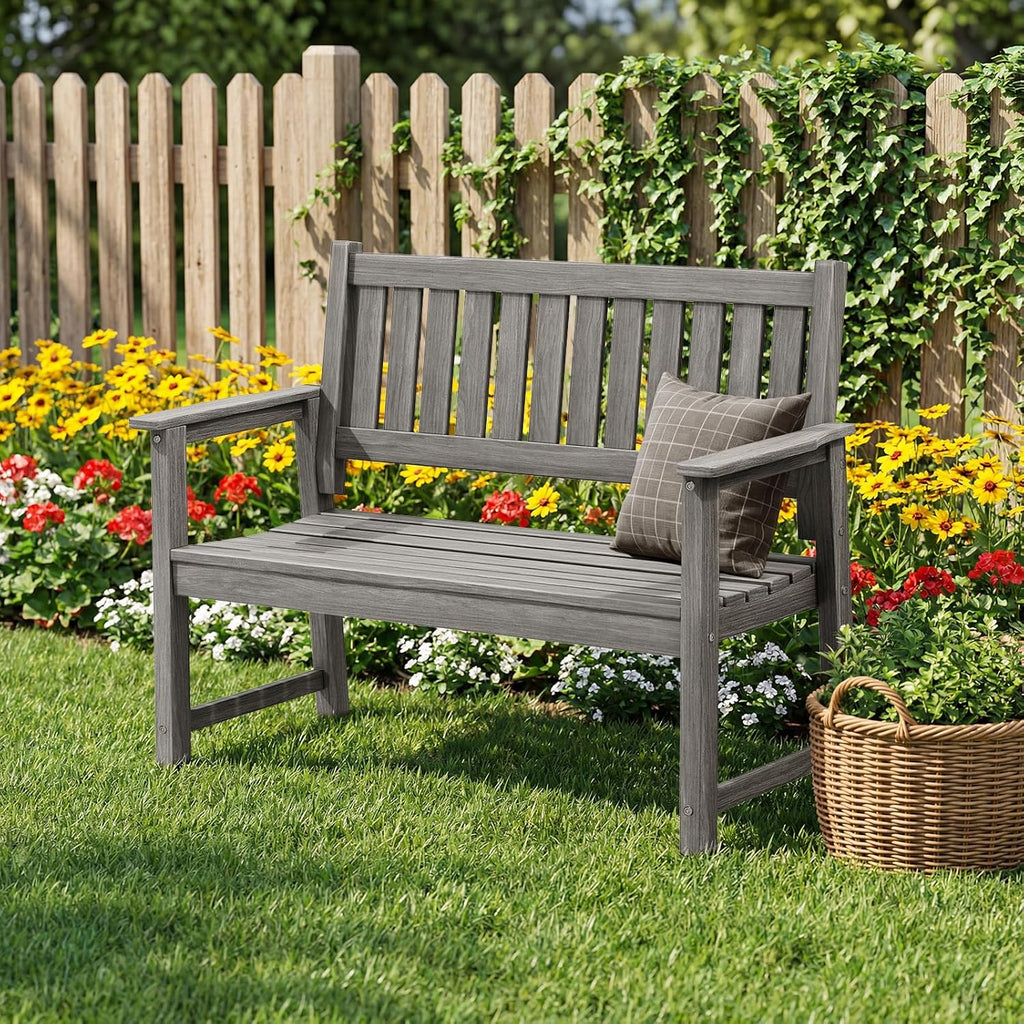 All Weather Poly Lumber Outdoor Garden Bench, 2-Person, Light Gray | 700 Lbs Weight Capacity Heavy Duty Weatherproof