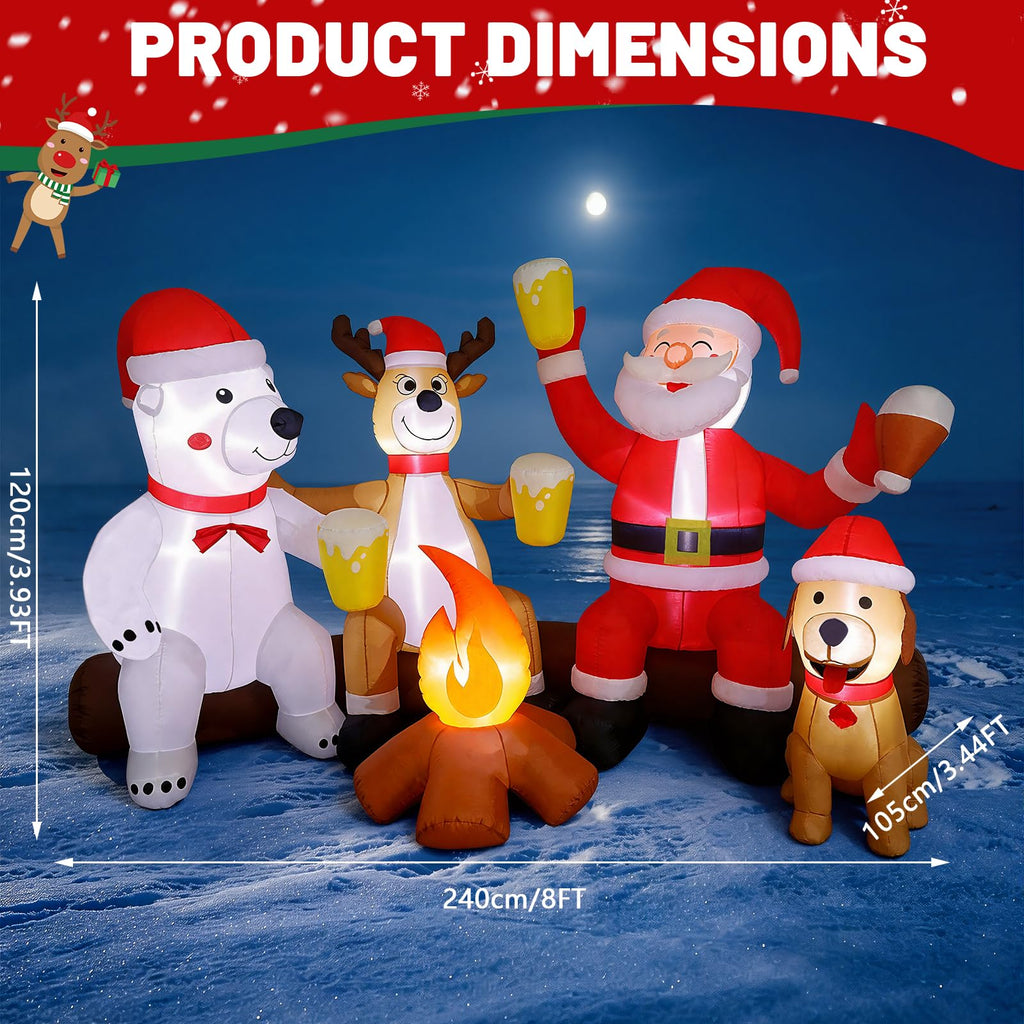 8FT Christmas Inflatable Outdoor Decoration with Built-in LEDs Lights, Blow-Up Santa Claus, Bear and Deer Keeping