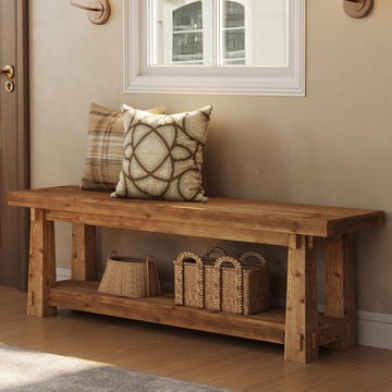 55" Wood Entryway Bench with Shoe Storage, Rustic Dining Bench