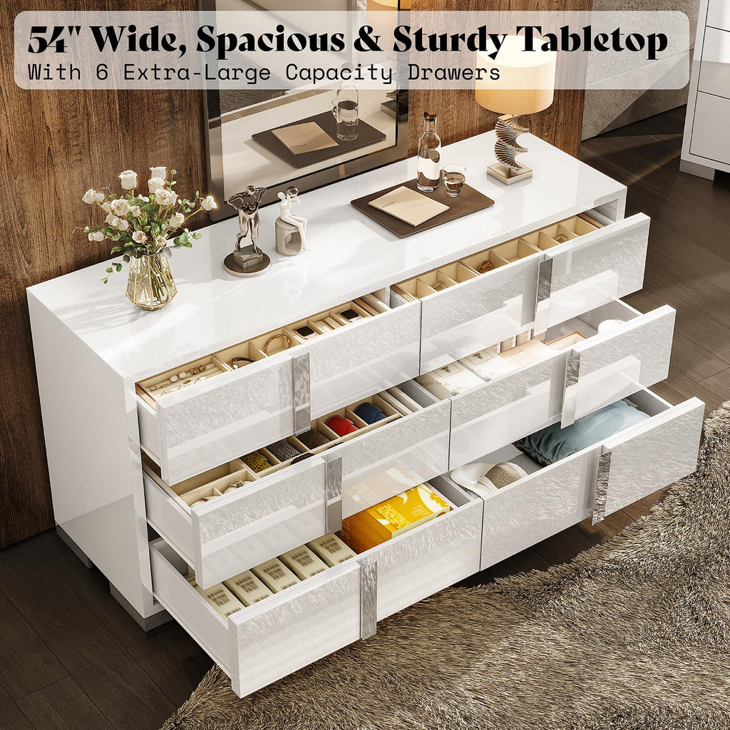 6 Drawer Dresser, Modern Storage Chest, High Gloss Finish, White