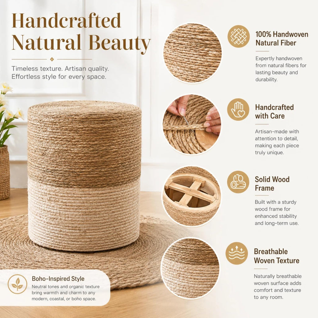 14" Boho Pouf Patio Ottomans Natural Straw Handweave Rustic Round Footstool
