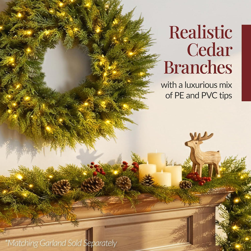 Pre-Lit Cedar Cypress Christmas Wreath w/Twinkling LEDs, 30in Realistic Large Indoor/Outdoor Holiday Decor for Door