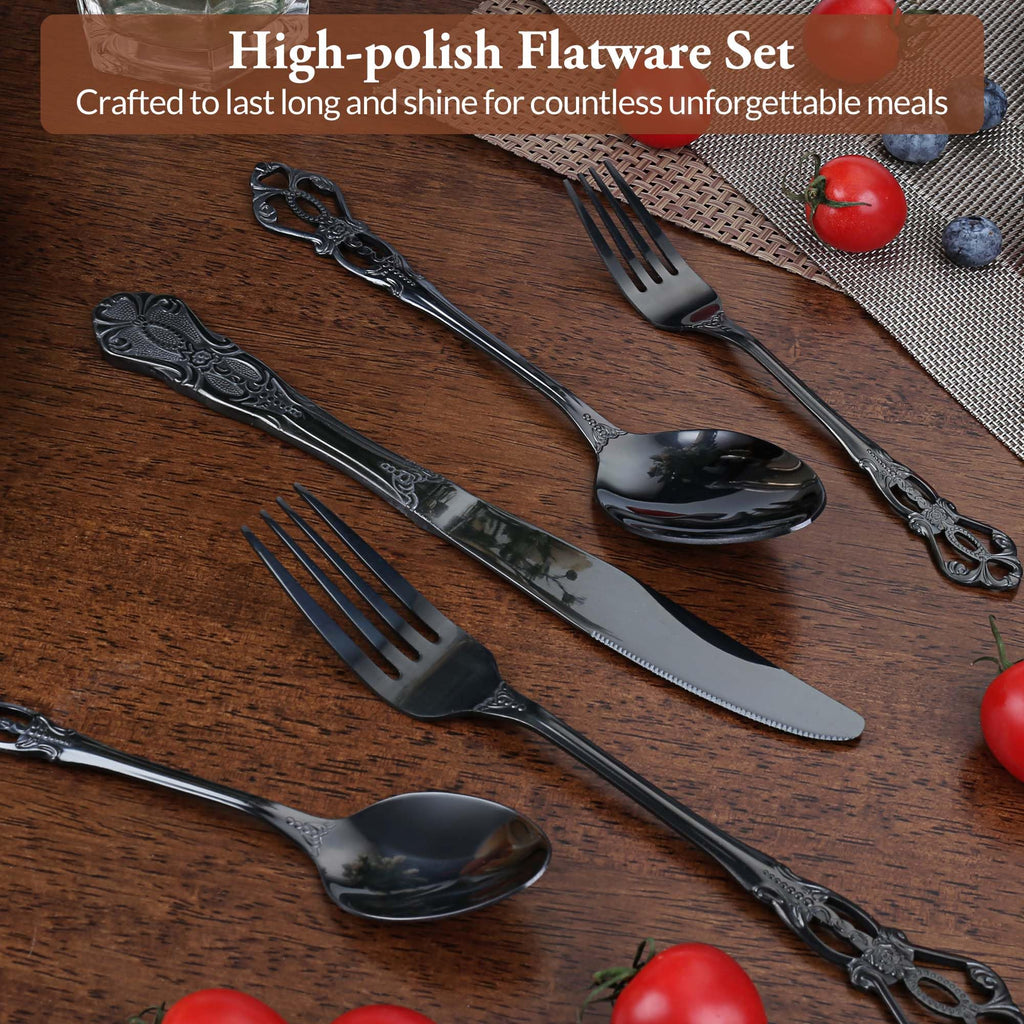 Black Silverware Set, 30 Pieces Retro Royal Silverware Set for 6, Gothic Decor Stainless Steel Flatware Set Including