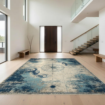 5x7 Washable Area Rugs, Navy Nautical Compass