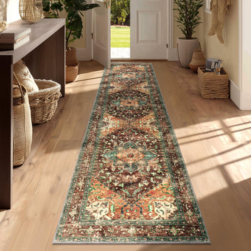 Washable Runner Rug, 2x8 Non-Slip Boho Vintage Hallway Rug Runner with Rubber Backing, Stain Resistant & Low Pile