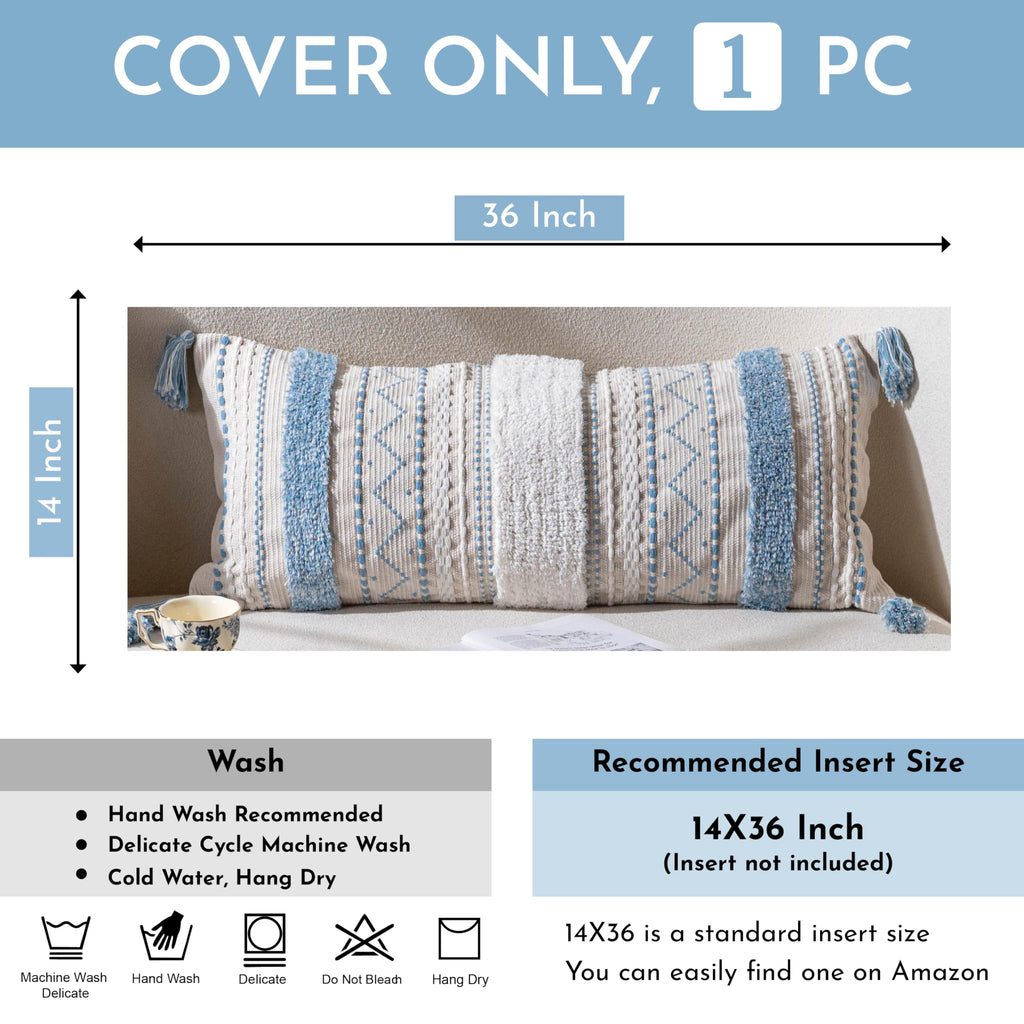 14x36 Lumbar Pillow Cover for Bed, Rectangular Long Decorative Throw Pillowcase, Boho Accent Cushion with Blue Tufted