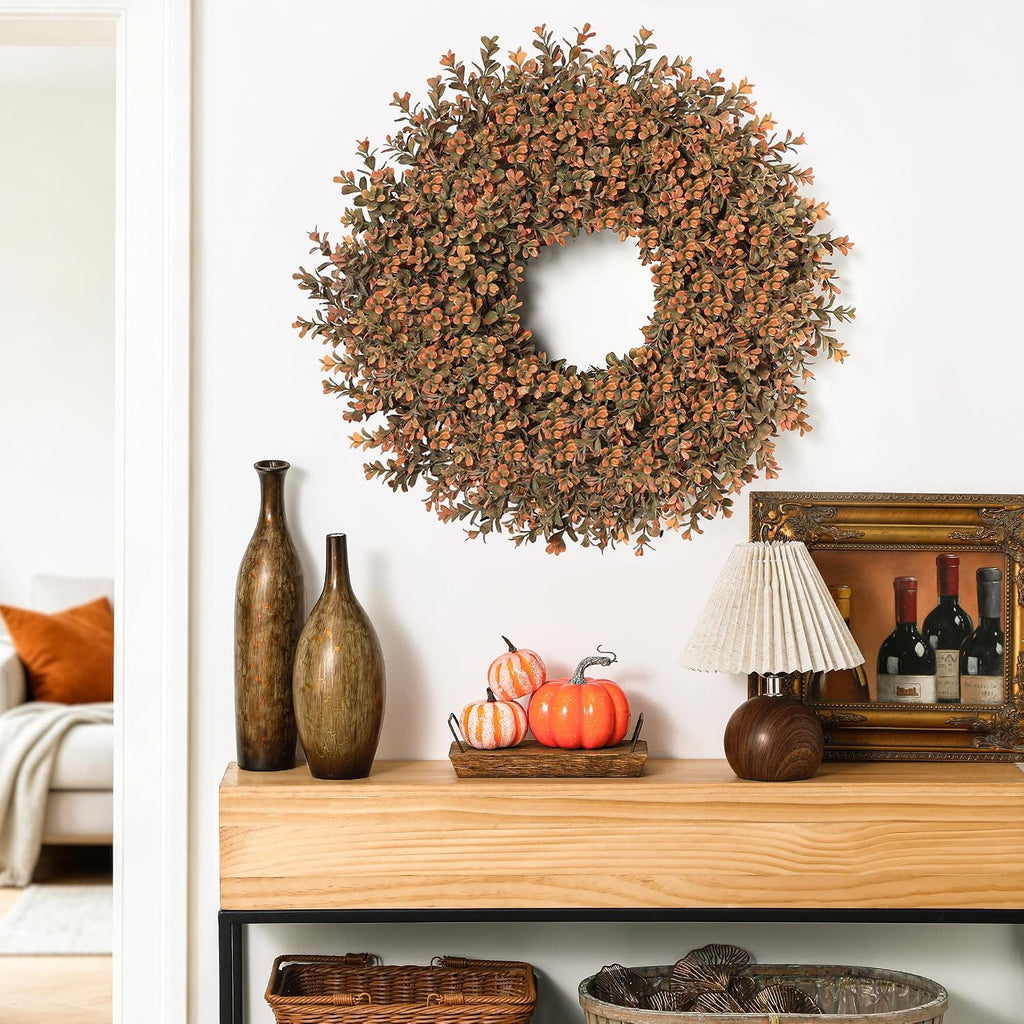 26'' Fall Wreath for Front Door, Artificial Autumn Boxwood Wreath Outdoor