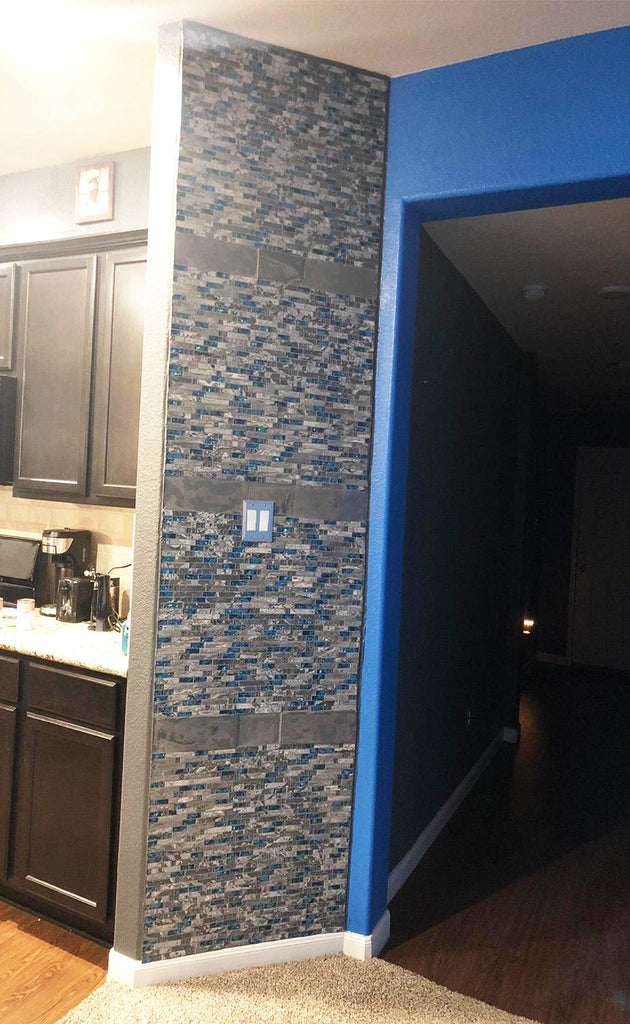 Gray Marble Tile Backsplash 12 in. x 12 in. x 8 mm Teal Blue Glass Mosaic Bathroom Shower Wall Linear Tiles (Pack of