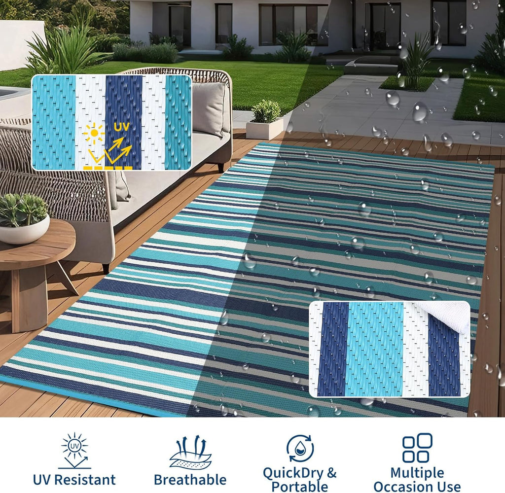 9x12 Outdoor Rug Modern Geometric Lines Plastic Straw Outdoor Rugs Striped Reversible Patio Outdoor Carpet Portable