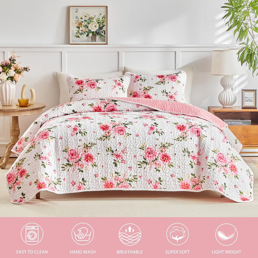 Floral Quilt Set 3 Pieces King White Pink Flower Soft Microfiber Lightweight Summer Reversible Coverlet Bedspread for