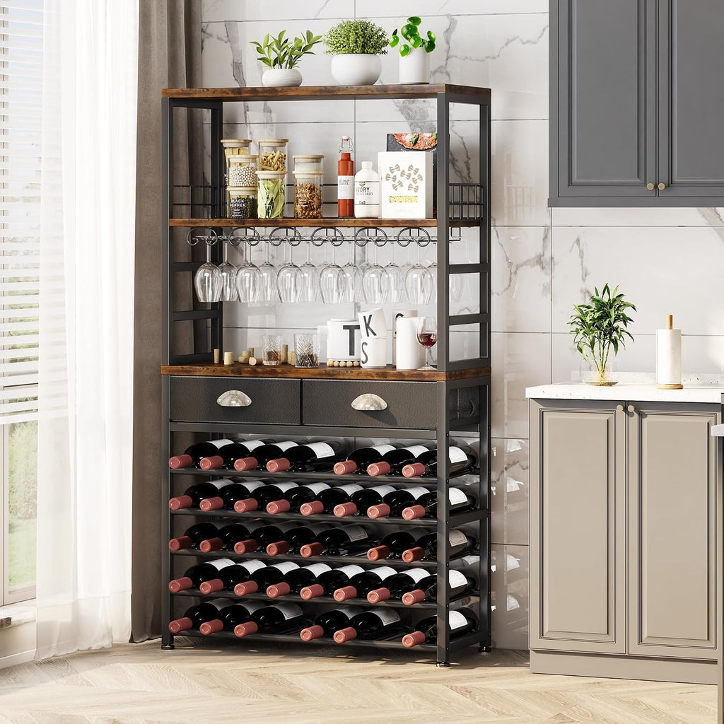 Wine Cabinet with Storage, Wine Rack Freestanding Floor, 6-Tier with Tabletop, Drawer and Wine Storage Bars