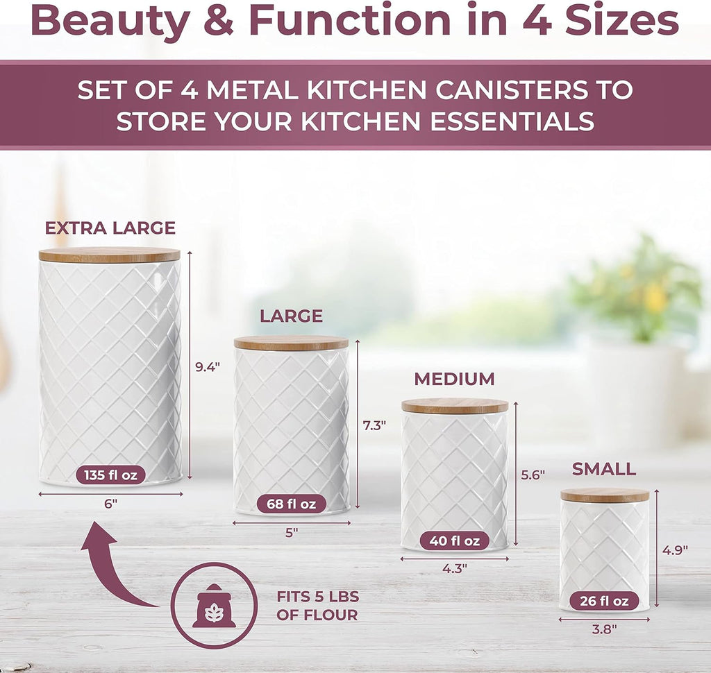 White Metal Canister Set for the Kitchen Counter, Food Canister, Airtight Lids, Sugar and Flour Containers - Set of 4