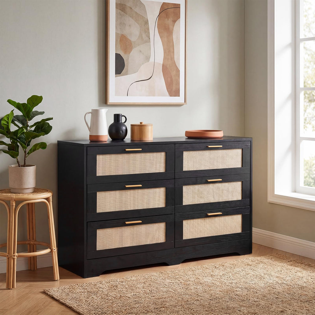 Dresser 6 Drawer Dresser Bedroom Furniture Storage Living Room Hallway, High Weight Capacity 300lbs, Imitation Rattan