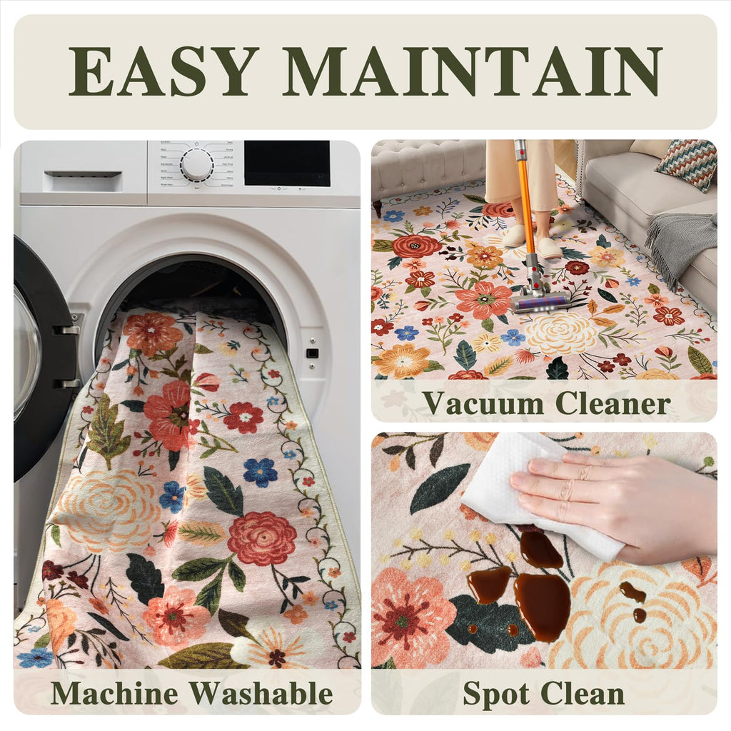 2x6 Washable Runner Rug Beige Boho Floral Kitchen Bedroom