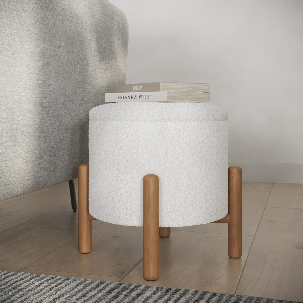 Round Sherpa Storage Ottoman Pouf with Removable Lid - Plush Couch Footrest & Hidden Organizer for Small Spaces, Dorm