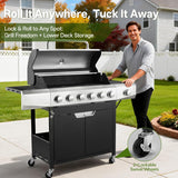 6-Burner Propane Gas Grill, 68,500 BTU Stainless Steel BBQ Grill with Side Burner, Porcelain Grates & Wheels for Patio and Backyard