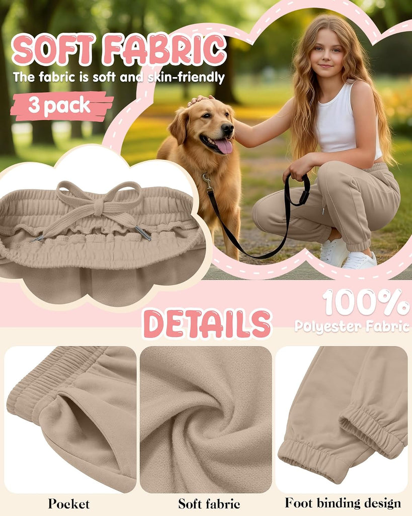 3 Pack Girl's Joggers Sweatpants School Pants