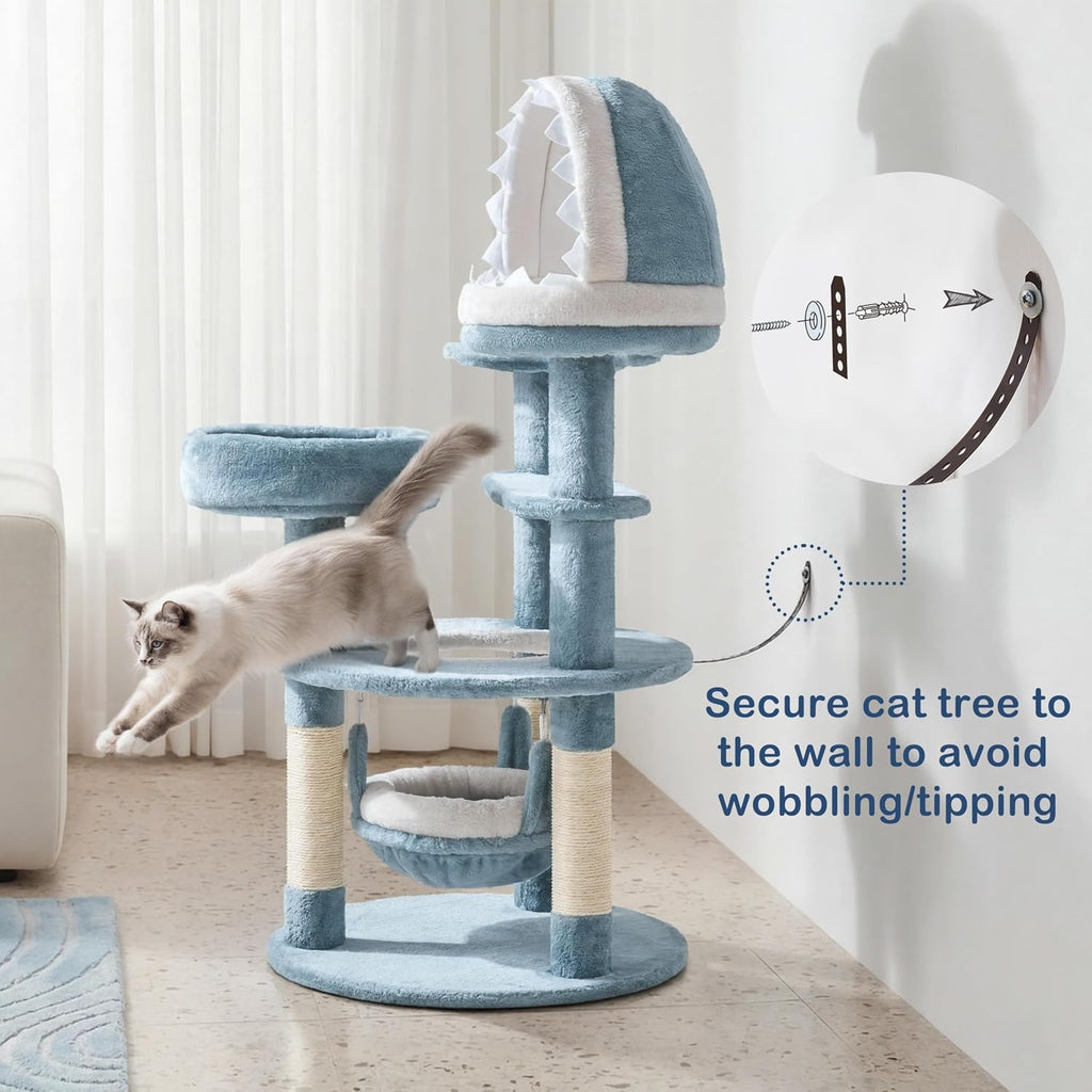 Cute Shark Cat Tree for Kittens, Multi-Level Small Blue Tower