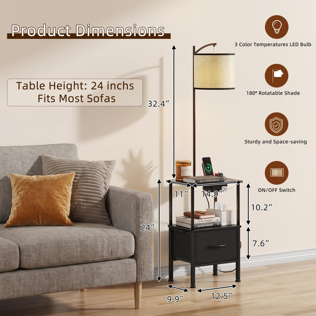 Floor Lamp with Table Set of 2, Charging Station, Black, 14.9"W