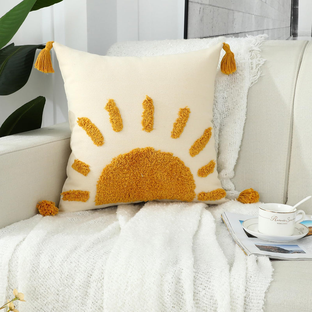 Boho Throw Pillow Covers 18x18, Woven Tufted Sun Decorative Pillow Covers with Tassels Moroccan Modern Pillowcase for