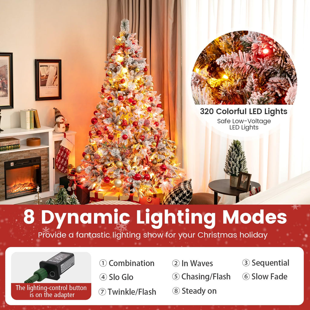7ft Pre-Lit Snow Flocked Christmas Tree, Artificial Hinged Xmas Tree with 320 Multi-Color LED Lights, 8 Lighting