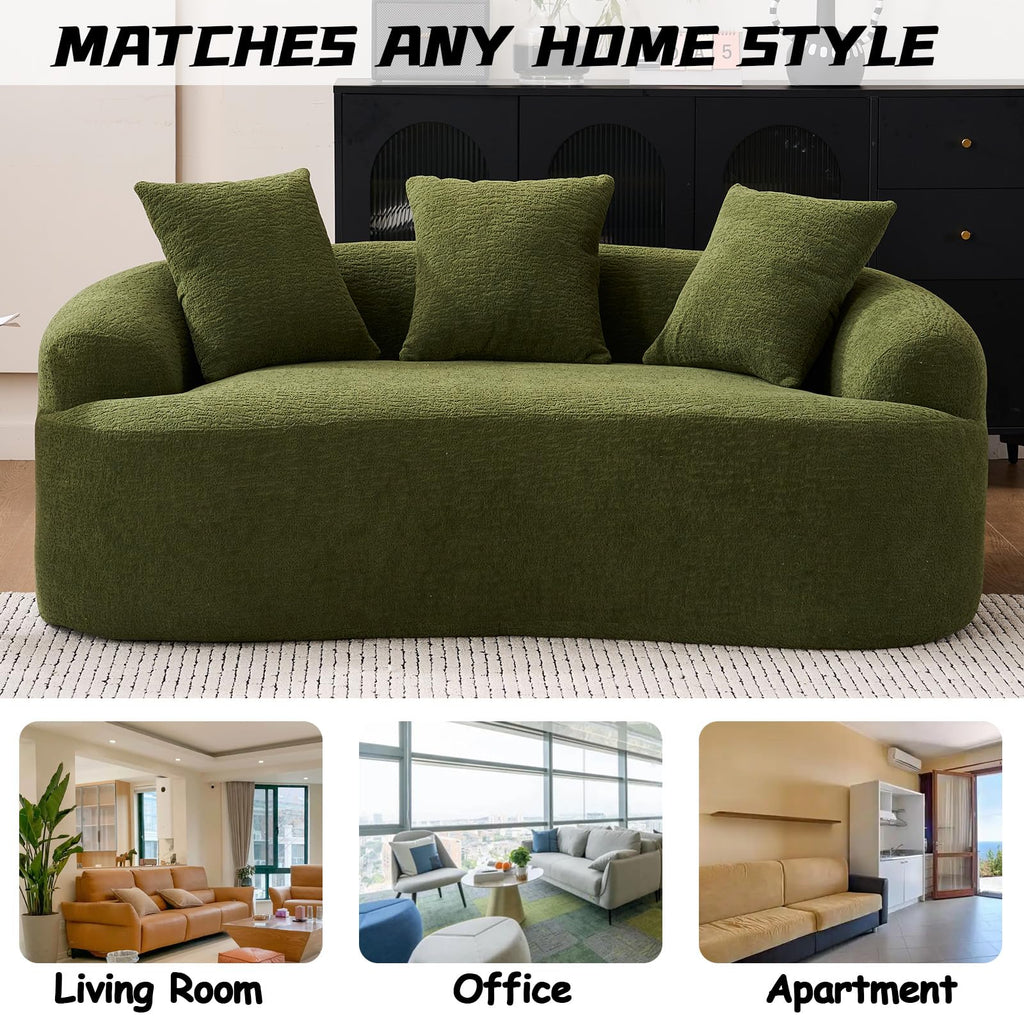 65" Green Curved Couch& Loveseat with 3 Pillows, Compression Couch with Round Armrest, Suitable for Small Space