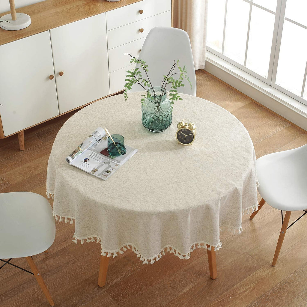 Solid Color Tassel Tablecloth Cotton Linen Dust-Proof Shrink-Proof Table Cover Dining Farmhouse Tabletop Decoration