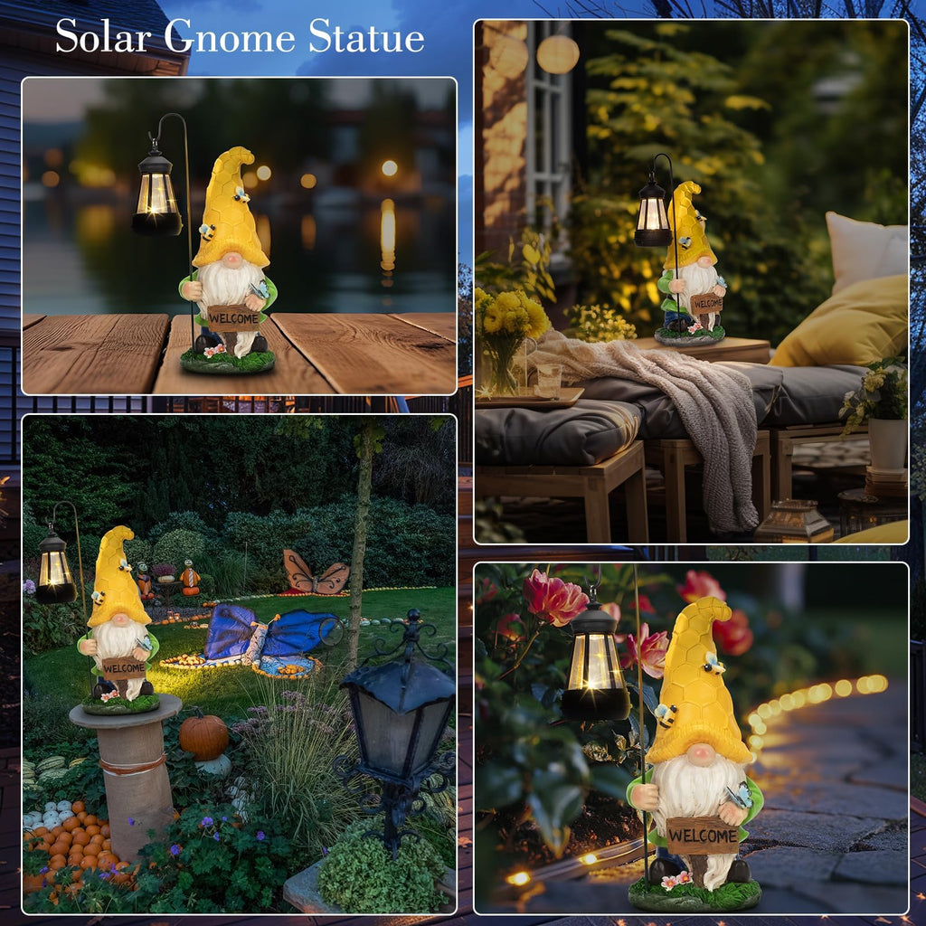 Solar Garden Gnome Statue with Lantern - Hand-Painted Resin Gnome Decor, IP44 Waterproof Outdoor Figurine for Yard