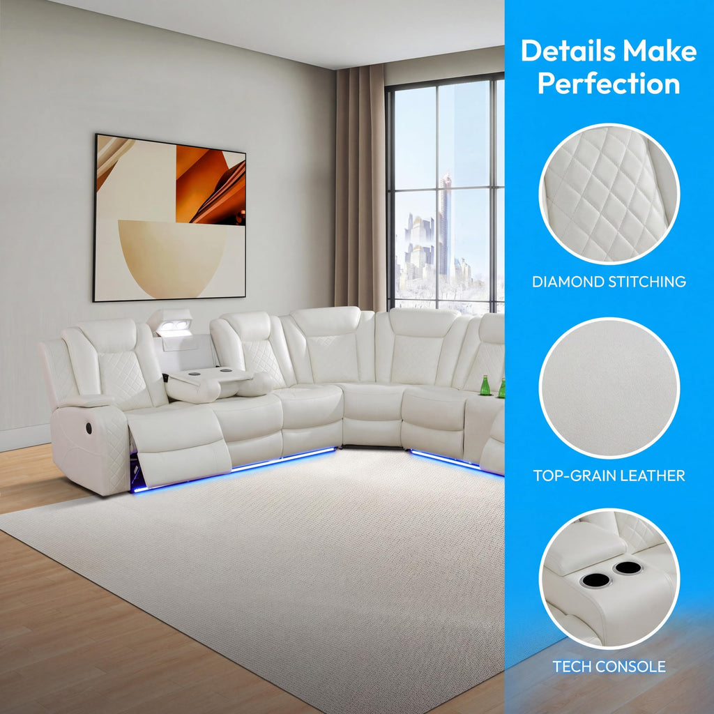 Power Reclining Sectional Sofa, L‐Shape Faux Leather Recliner Couch with LED Ambient Light, Cup Holders, USB Charging
