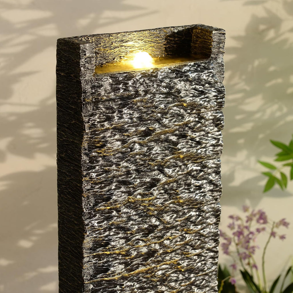 Water Fountain Outdoor, Floor Standing LED Illuminated Water Flow Elegant Water Fountain Pump 38.5" with Pebble Base