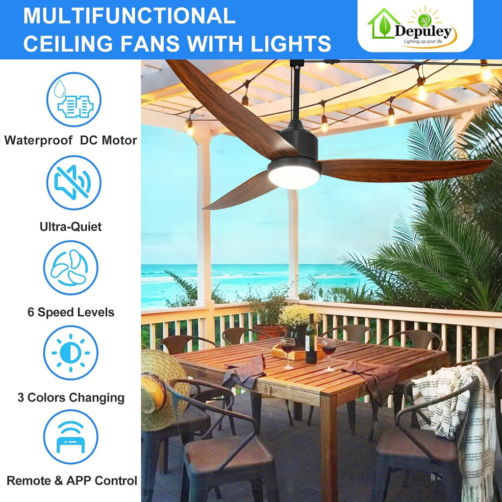 52 Inch Walnut Waterproof Gazebo Fans with Lights Outdoor Hanging - Plug in Fan for Patios - Dimmable Remote App Control A101-B0F5WNMZ9S
