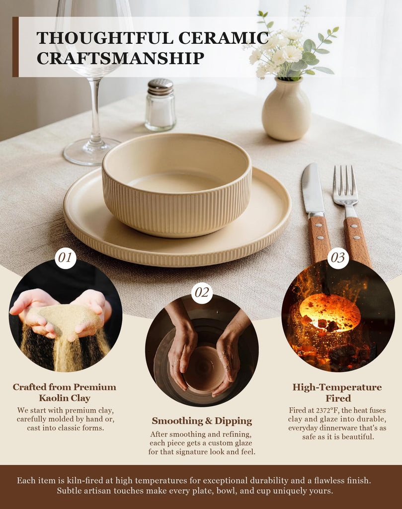 24-Piece Dinnerware Set for 6 with Mugs, Ribbed Stoneware Plates and Bowls Sets, Unique Handcrafted Reactive Glaze