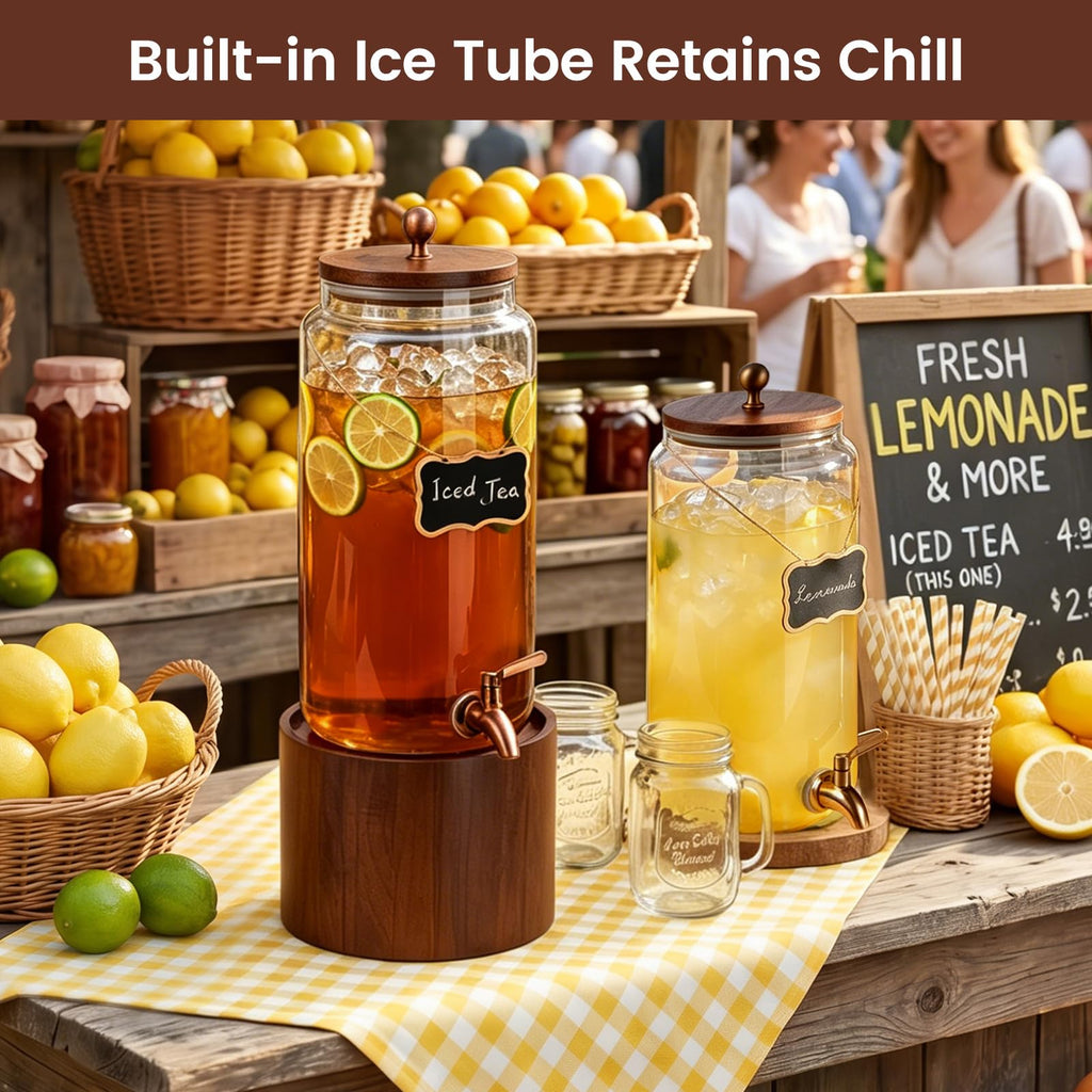2 PCS 1.5 Gallon Glass Drink Dispenser for Parties, Beverage Dispenser with Wooden Stand, Silicone Lid and Stainless