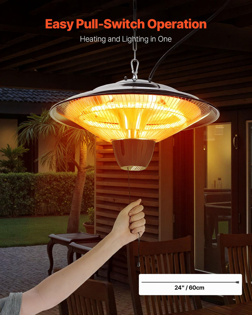 Hanging Patio Heater, 1500W Electric Space Infrared Heater, IP34 Protection with 23.6 inch Pull Cord & Adjustable